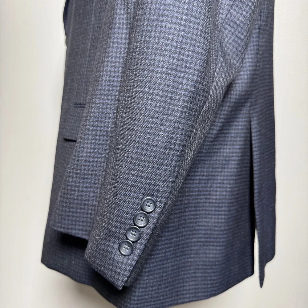 Pronto‎ Uomo Platinum Blazer Mens 56R Navy Blue Micro-Check 100% Wool Two-Button